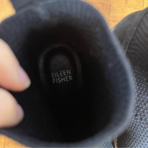 Eileen Fisher London Black Stretchy Knit Pull On Wedge Boots Size 7 - Picture 5 of 6